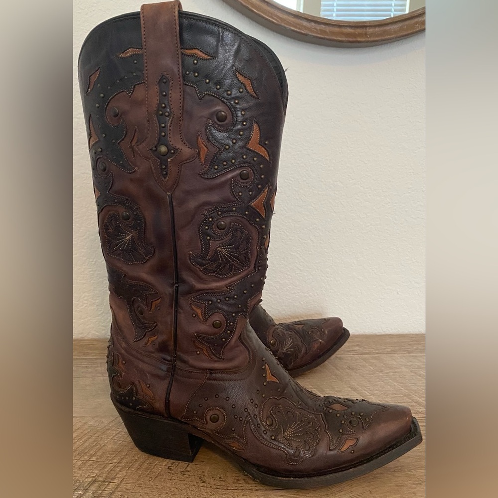 Lucchese Fiona Studded & Embroidered Brown Leather Boots Size 6